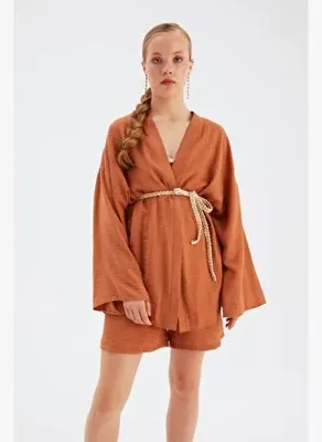 Sateen Kuşak Detaylı Salaş Kimono - Taba