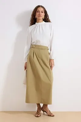 Trendyol Modest Haki Kemer Detaylı A-Kalıp Dokuma Maxi Etek TCTSS26EE00005