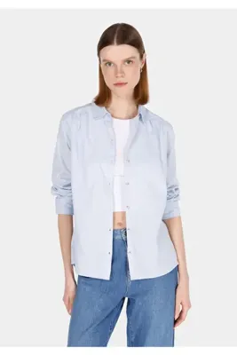 Colins Regular Fit Shirt Neck Pamuklu Düz Kadın Mavi Uzun Kol Gömlek