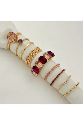 Takıtolia Vanta Gold Renk - 9 Adet Renkli Taşlı Şık Tasarım Vintage Çoklu Altın Yüzük Seti