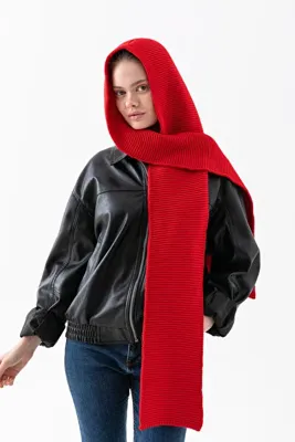 Wega Moda Kapüşonlu Kalın Atkılı Balaclava Kadın — Triko Kapşon Şal | Yumuşak Dokulu Kışlık Aksesuar - Kırmızı