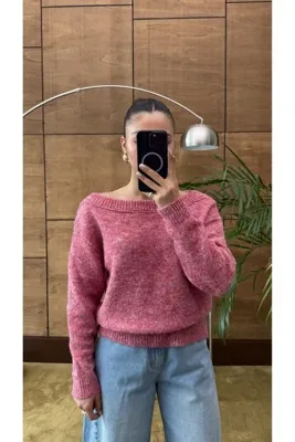YOUR NAME Kayık Yaka Yumuşak Dokulu Pembe Triko Kazak