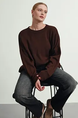 Gülce moda Kahverengi Bisiklet Yaka Oversize Triko Kadın Kazak