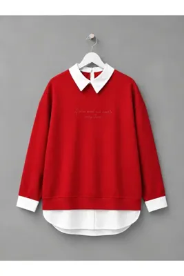 KEVRA Kadın Gömlek Yaka Etek Detaylı Yazılı Oversize Sweatshirt
