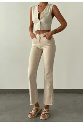 Eda Başak Atelier Paçası Püsküllü Likralı Mini Flare Jean Pantolon