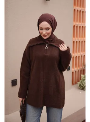 İmaj Butik Kahverengi Yaka Fermuarlı Angora Yumoş Triko Kazak