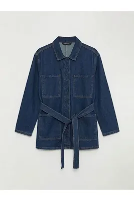 LC Waikiki İndigo Gömlek Yaka Beli Kuşaklı Kadın Jean Ceket