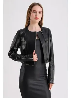 Maroquin Leather Alvira Kadın Siyah Deri Ceket