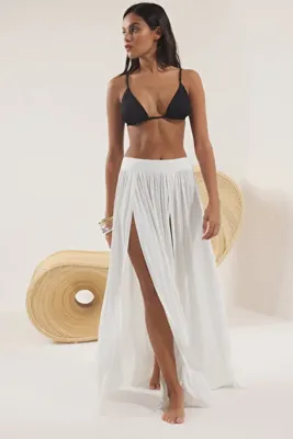 TRENDYOLMİLLA Ekru Örme Yırtmaçlı Maxi Plaj Etek TBESS25ET00005