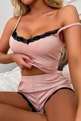 Genel Markalar Kadın Pembe Alt Ve Üst Dantel Detaylı Şortlu Gecelik Takımı H110514 - OEMBYS7522-3042