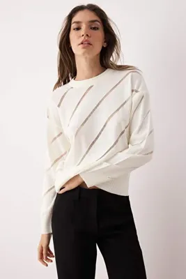 TRENDYOLMİLLA Ekru Ajurlu/Delikli Triko Kazak TWOAW24KZ00157