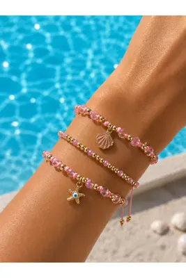 JEWELRY Pembe Gold Deniz Yıldızı & Deniz Kabuğu Detaylı 3’lü Bileklik Seti – Ayarlanabilir Ölçü