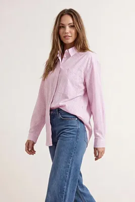 TRENDYOLMİLLA Pembe Çizgili Oversize Dokuma Gömlek TWOAW23GO00359
