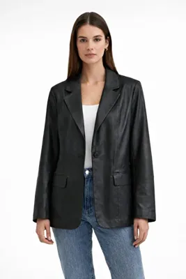 Basics&More Kadın Tek Düğmeli Blazer Siyah Deri Ceket B2020