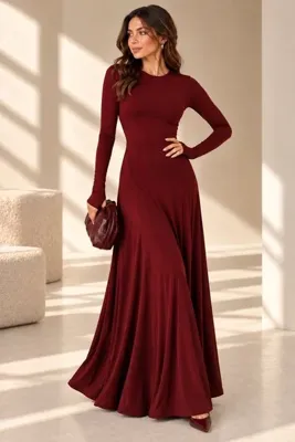 citycenterfashion Kadın Sandy Kumaş Parmak Geçirmeli Uzun Kollu Maxi Elbise cty-çtn-9757