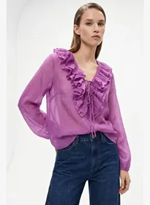 Exquise Yakası Süs Dikişli Bağcıklı Regular Bluz