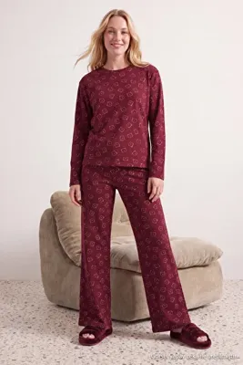 TRENDYOLMİLLA Bordo %100 Pamuklu Ayıcıklı Örme Pijama Takımı THMAW25PT00131