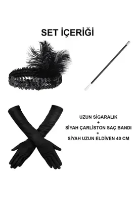 NW NessiWorld Gatsby Aksesuar Seti – Siyah Charleston Saç Bandı, Uzun Eldiven & Sigaralık