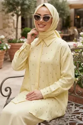 Neva Style Taş Detaylı Sarı Çilek Kumaş Tesettür Gömlek 10861SR