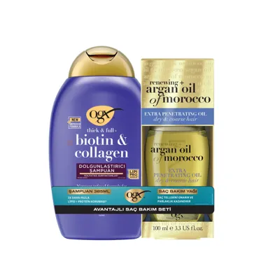 ogx Biotin ve Collagen Dolgunlaştırıcı Şampuan + Argan Oil of Morocco Saç Bakım Yağı Set, 1 Adet