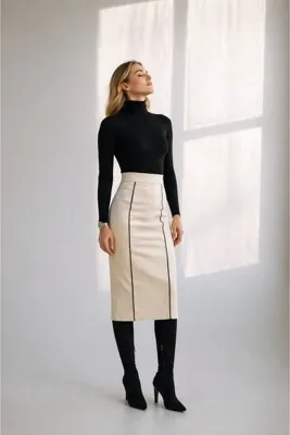 ZUSA store Kontrast Deri Etek/ Ekru