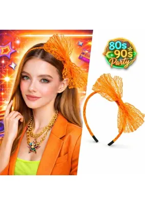 İlkyaz Fashion Retro Dantel Taç Fiyonklu Neon Turuncu 80'ler 90'lar Parti Aksesuvarı