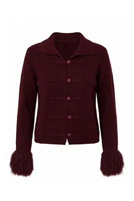 TRENDYOLMİLLA Bordo Polo Yaka Kürk Detaylı Napolyon Triko Hırka TWOAW27HI00250