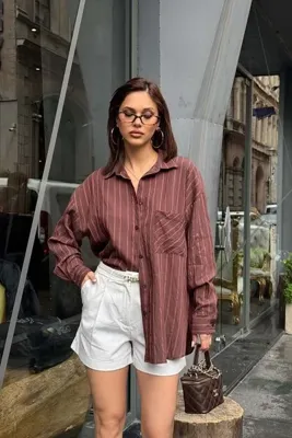 MyLoore Kadın Kahverengi Oversize Gömlek Salaş Kesim Şık Günlük Gömlek