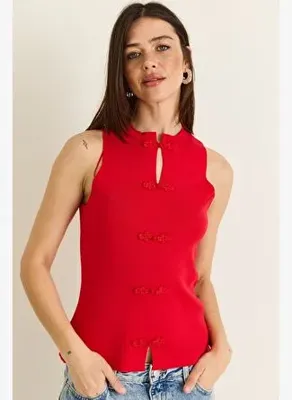Shade Kadın Süs Düğmeli Triko Peplum Top Bluz 2854 60286537 - Kırmızı