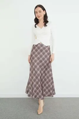 Fulla Moda Ekose Desenli Maxi Boy Saten Etek