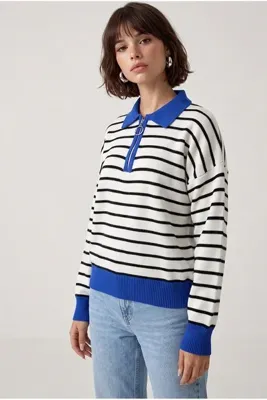 Drop by TrendyolMilla Çizgili Polo Yaka Yarım Fermuarlı Beli Kaşkorse Kazak