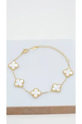 Zuum Accessories 14K , Gold Renginde Beyaz Taşlı Yonca Bileklik , Çelik Bileklik