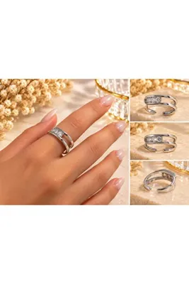 Genel Markalar Silver Işıltılı Taş Detaylı Ayarlanabilir Yüzük