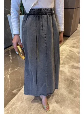 İmaj Butik Füme Bel Lastikli Çimalı Kot Etek