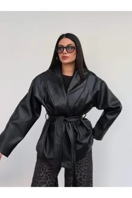 ESRAHELVACI Şal Yaka Kuşaklı Blazer Deri Ceket