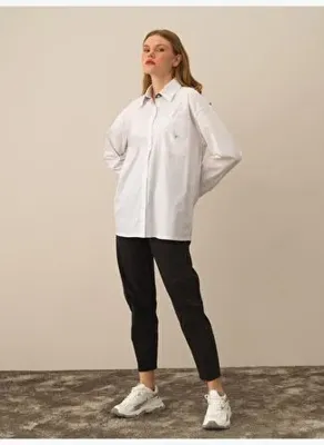 Xint Kırık Beyaz Pamuk Dokulu Oversize Gömlek