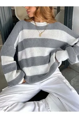 Dier Moda Kadın Bisiklet Yaka Çizgili Oversize Triko Kazak Fmoda602
