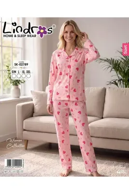 Genel Markalar LİNDROS kadın dügmeli uzun kollu pembe pijama