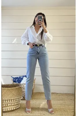 ByCukurovaFrango BY-9442 Mavi Mom Kot Likralı Yüksek Bel Kar Yıkamalı Jeans Yıkama Boyfriend Taş Dar Paça Pantolon