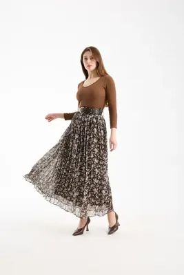TheyYou Kemerli Zigzag Desen Şifon Etek | Yüksek Bel Dökümlü Tesettür Uyumlu Kadın Etek | Chiffon Skirt