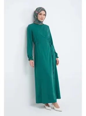 Armine Trend Kolları Lastikli V Yaka Detaylı Elbise Yeşil 25YT944