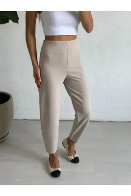 MORE MOSS Kadın Krem Beli Lastikli Likralı Şalvar Kesim Dar Paça Pantolon