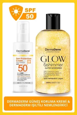 Dermaderm SPF50+ Yüz ve Vücut Güneş Kremi 100ml ve Dermaderm Işıltılı Nemlendirici 250Ml.