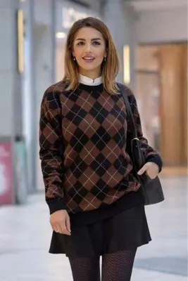 Nevin Kaya Moda Acı Kahve Siyah Oxford Kazak