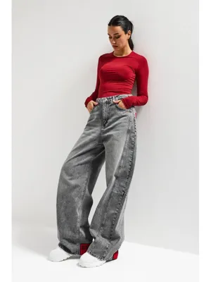 it's basic Kadın Gri Renk 4s6-13 Mega Baggy Fit Paça ve Cep Detaylı Özel Tasarım Denim Jean