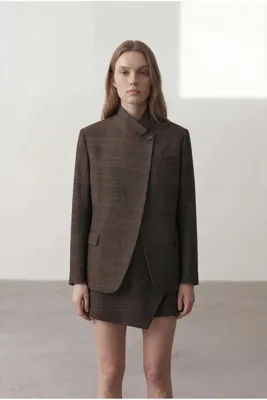 Mathilda Store Kadın Kahverengi Vatkalı Monica Ekose Blazer Ceket