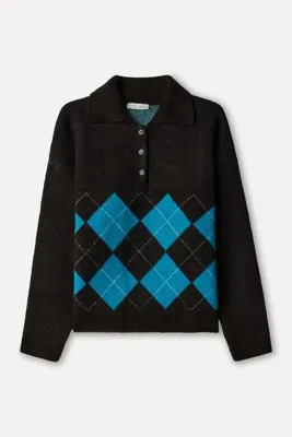 Mudo Kadın Kahverengi Baklava Desenli Loose Fit Polo Yaka Kazak