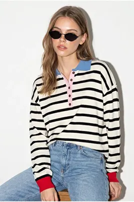 Bianco Lucci Kadın Siyah-Mavi Polo Yaka Düğmeli Çizgili Oversize Triko Kazak 2755 60286484