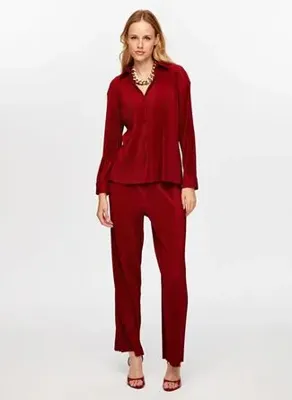 Faik Sönmez Bordo Kadın Slim Fit Fitilli Desenli Gömlek UW26GML005