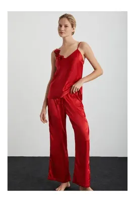 Kom Rose Gül Detaylı Saten Pantolon